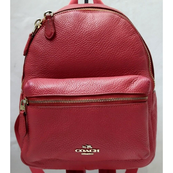 Coach Mini Charlie Red Pebbled Leather Front Pocket Zipper Closure Backpack - Picture 16 of 16